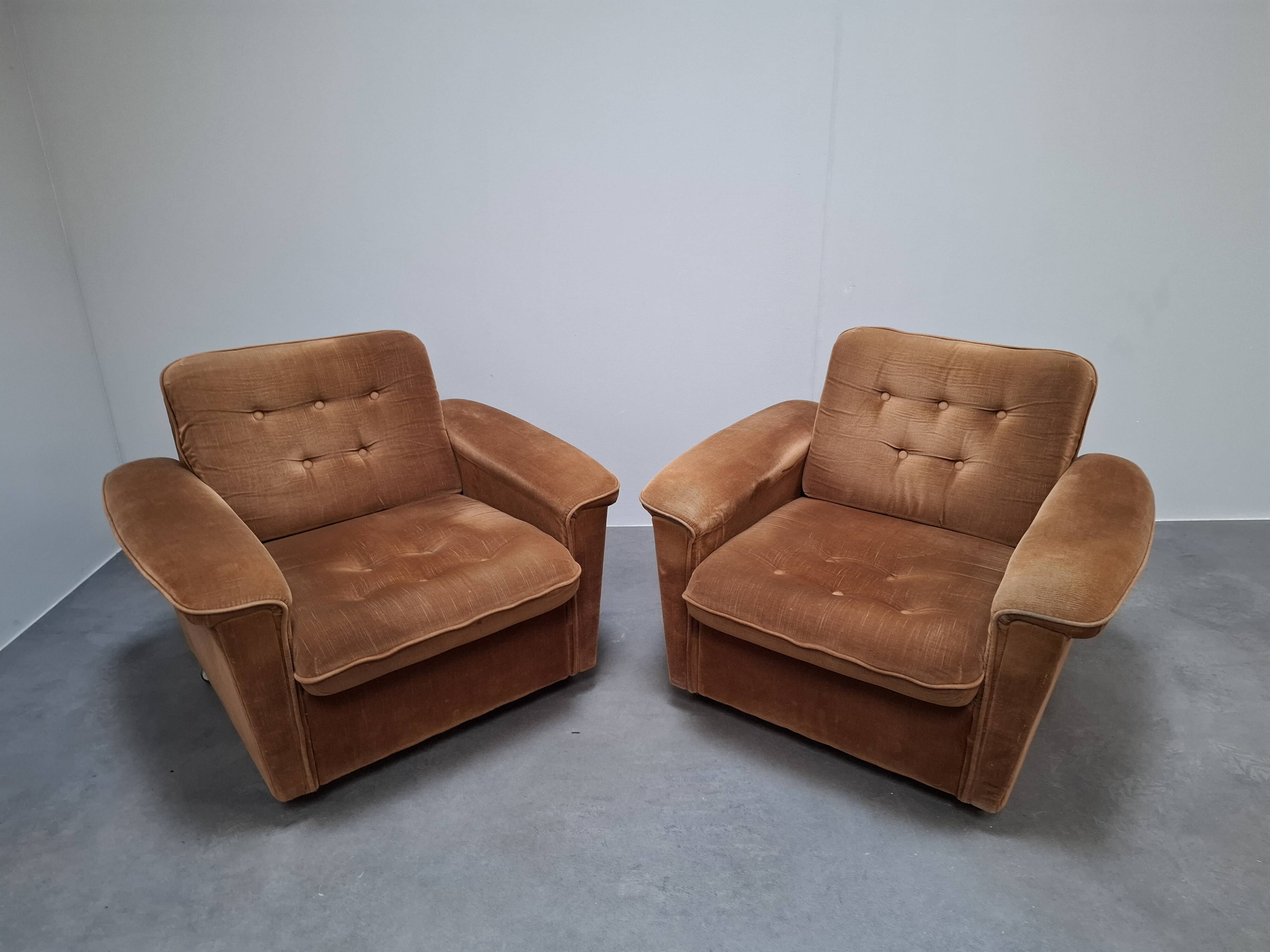 Pair of Mid-Century Modern Czech Lounge Armchairs with Rolling Casters