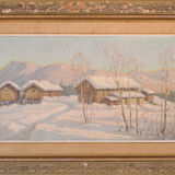 Post impressionist swedish snowscape with soft golden light