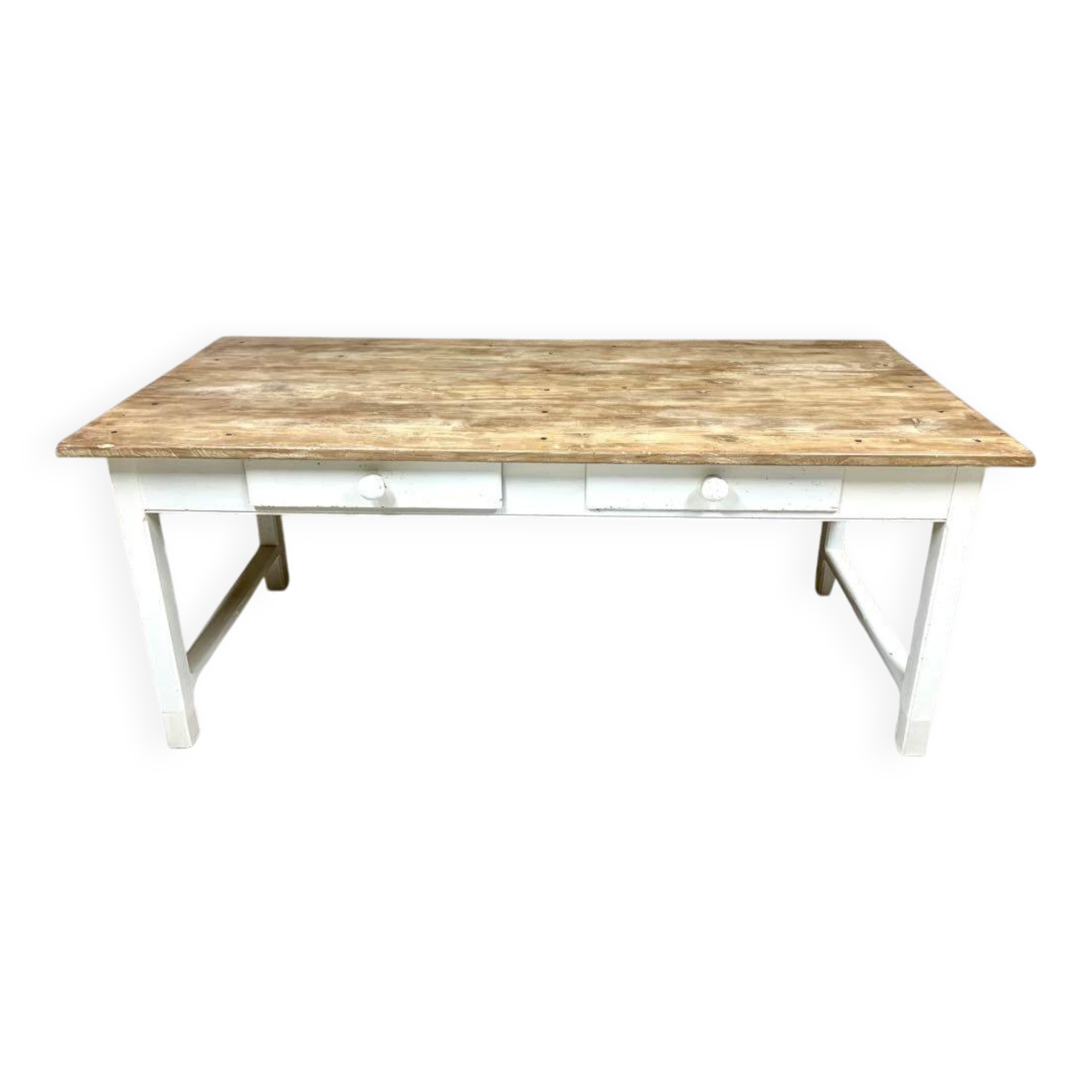 Farm table with off-white legs.