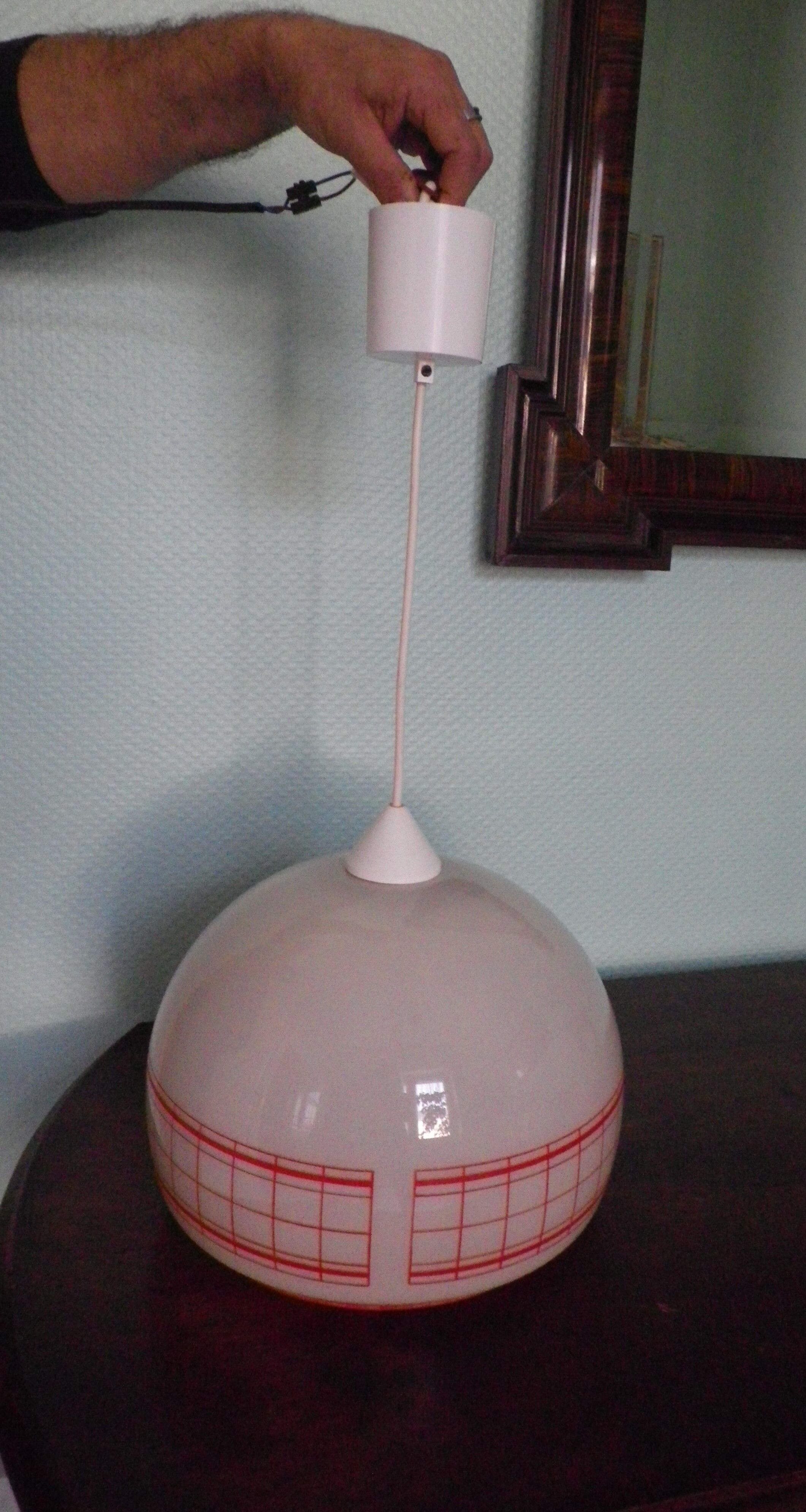 Space age pendant lamp, white opaline with orange silkscreened geometric designs