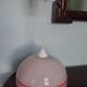 Space age pendant lamp, white opaline with orange silkscreened geometric designs