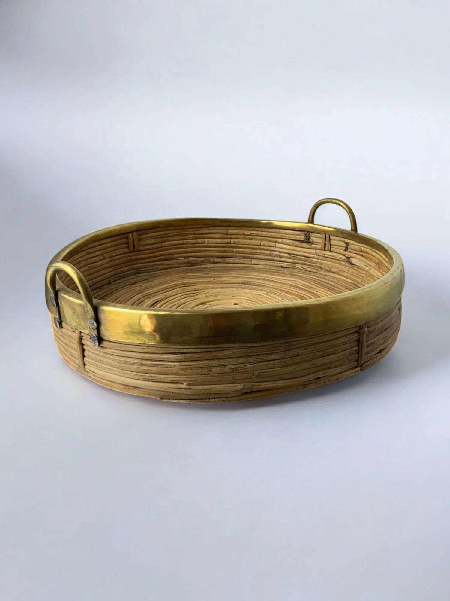 Circular rattan and brass tray, Italy, circa 1970s