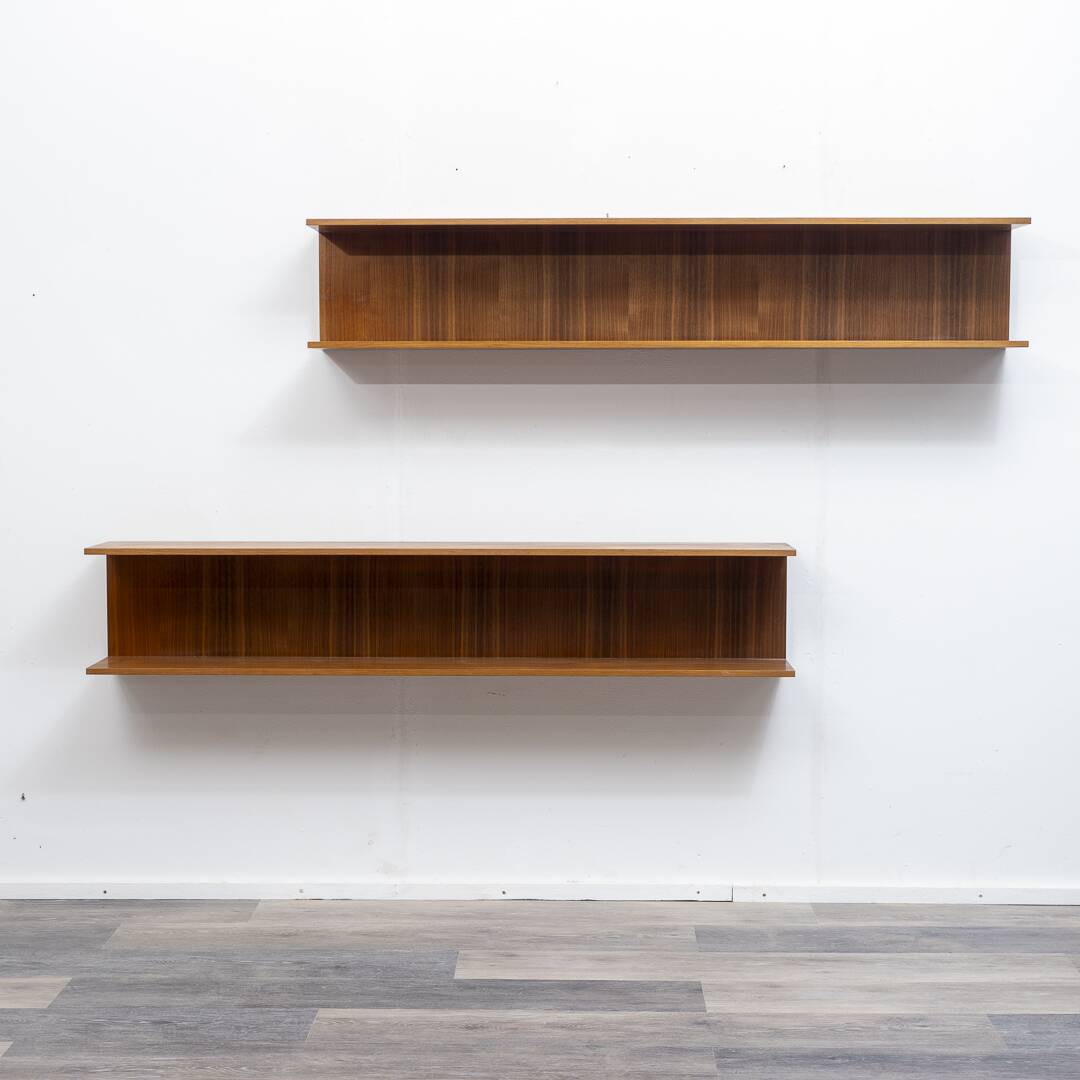 Two minimalist 60s wall shelves in walnut