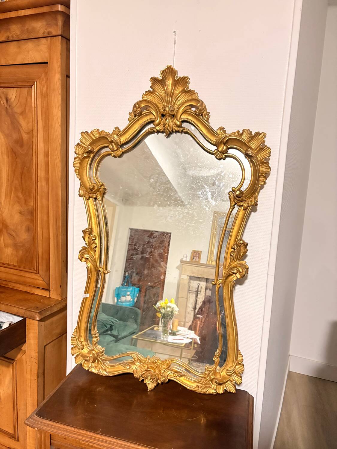 Antique Large Gilded Mirror in Wood Louis XVI Style with Quiver Pediment