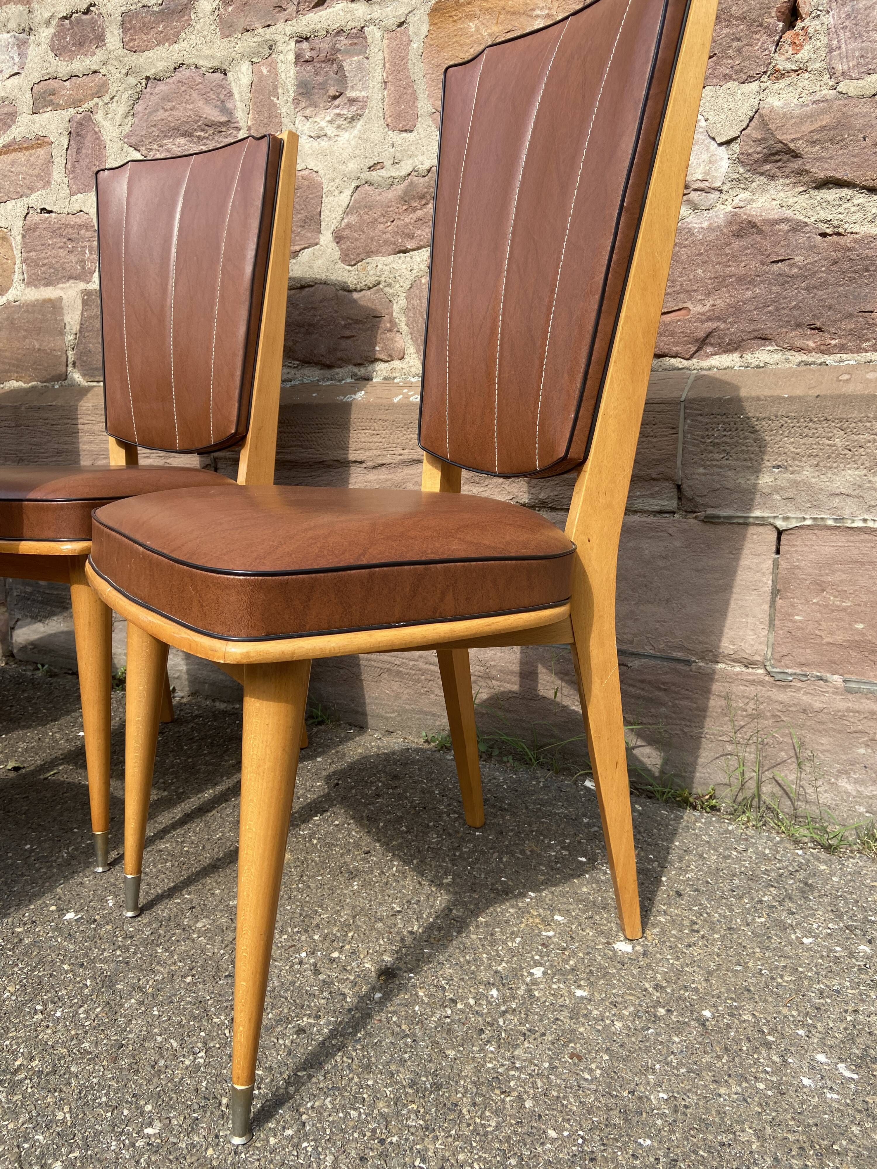 4 vintage chairs 1950 mid-century Scandinavian compass feet imitation leather Skaï