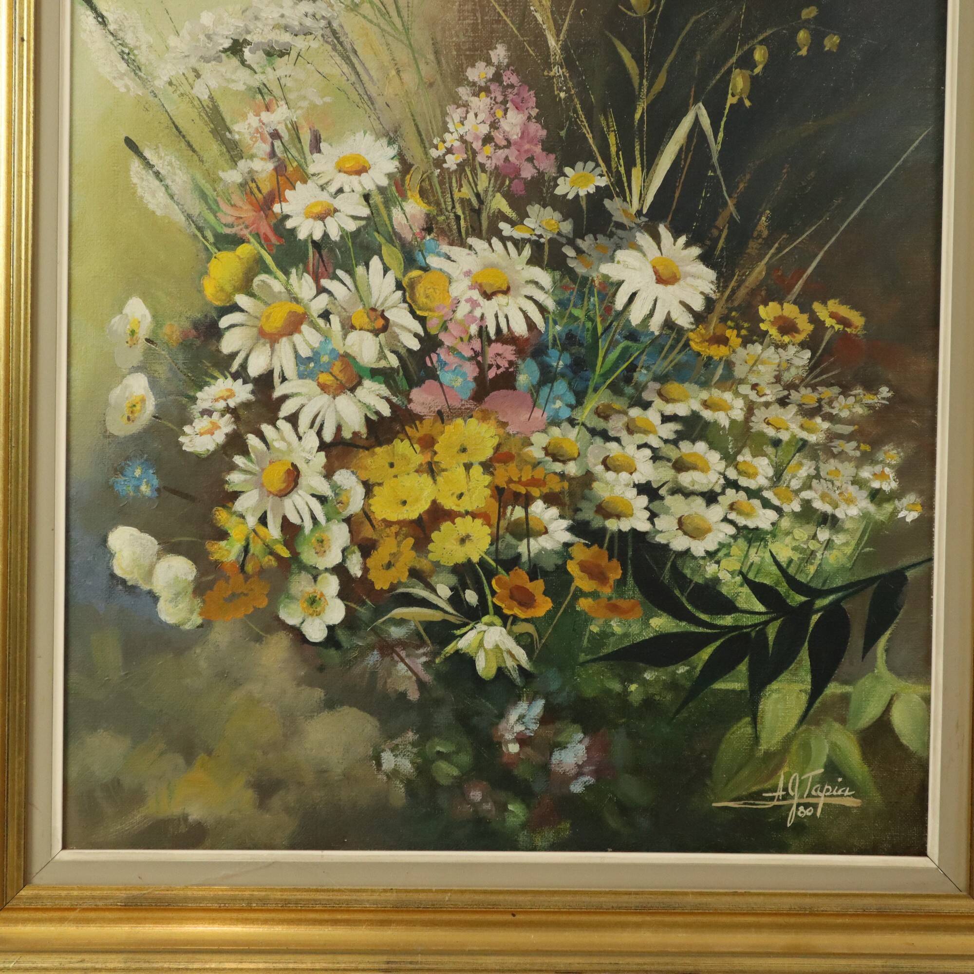 Flowers Bouquet Still Life Painting Oil on Canvas Framed Signed