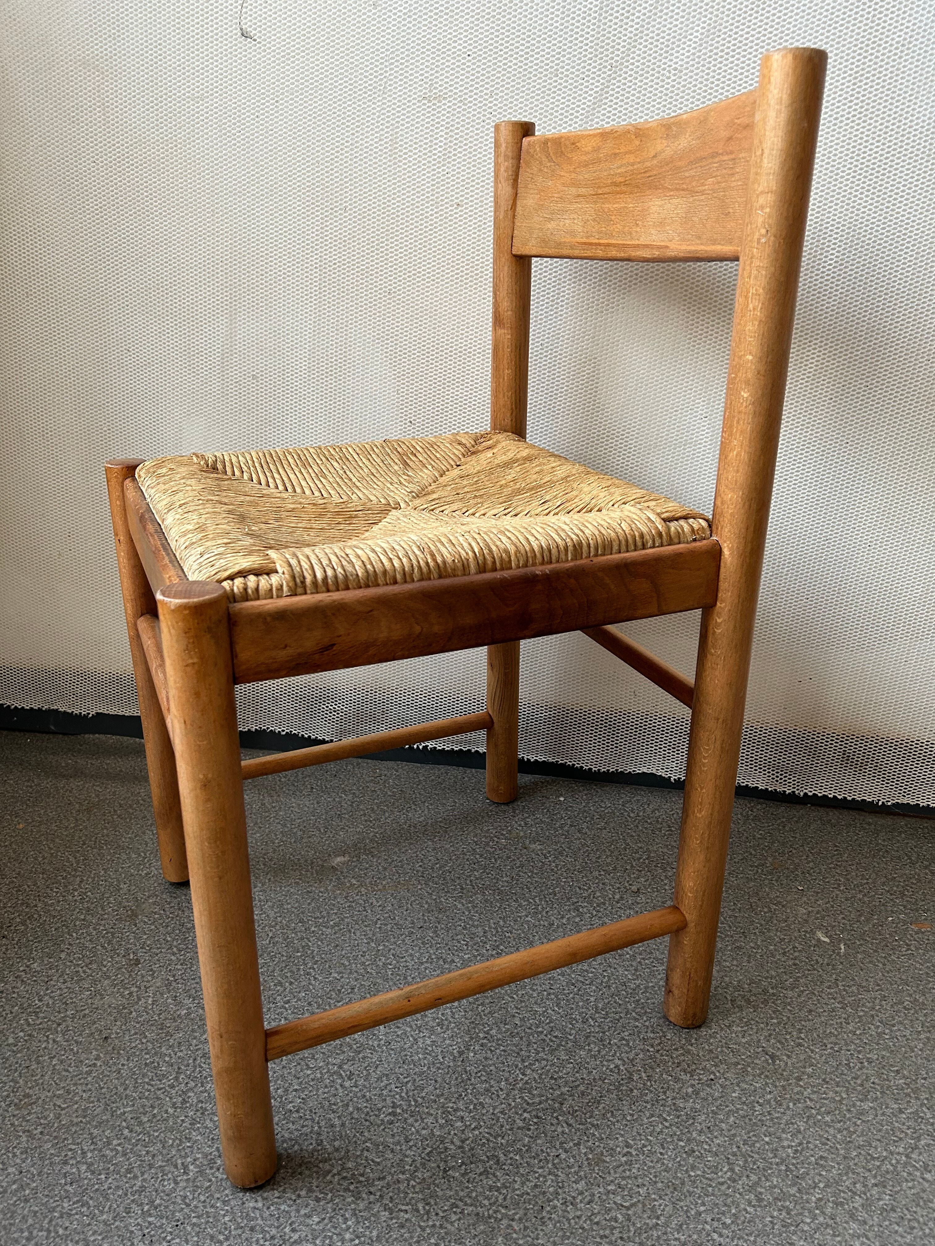 4 charlotte perriand style wood and straw chairs
