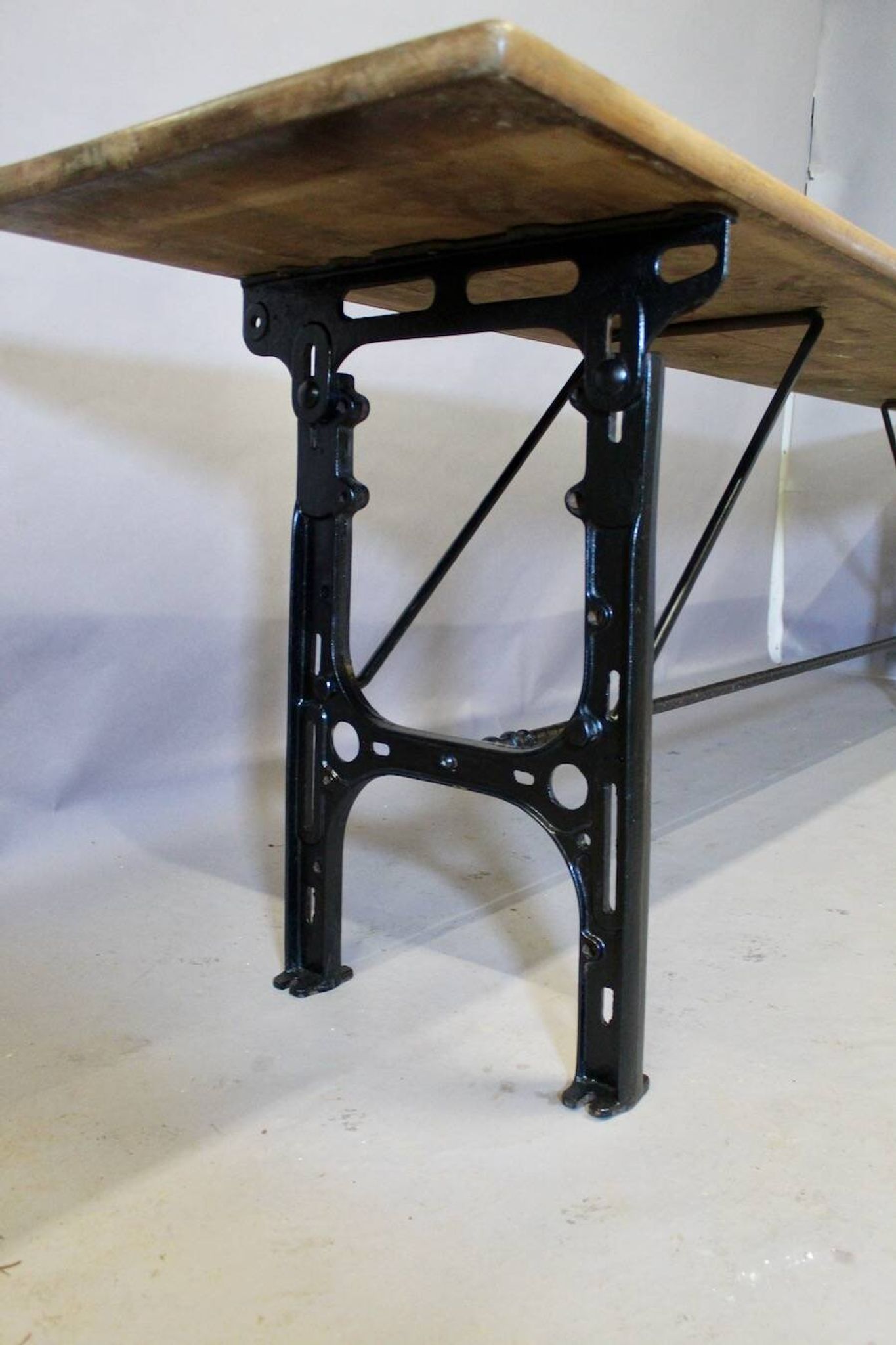Large Industrial Console Walnut Top Cast Iron Base
