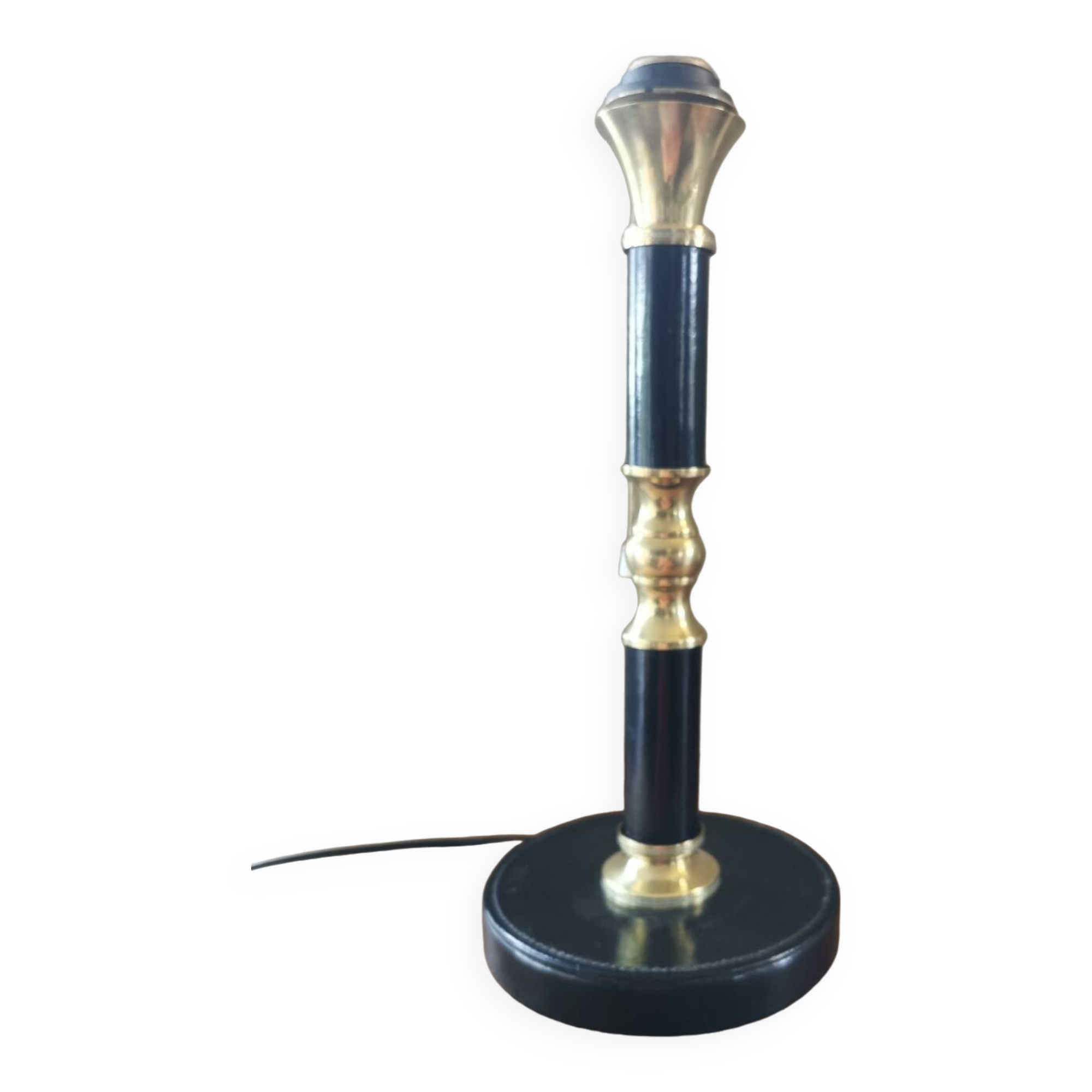 Vintage lamp base in black leather and brass