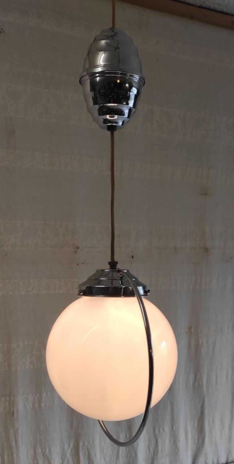 Art Deco suspension in chrome metal and opaline globe - mid 20th century