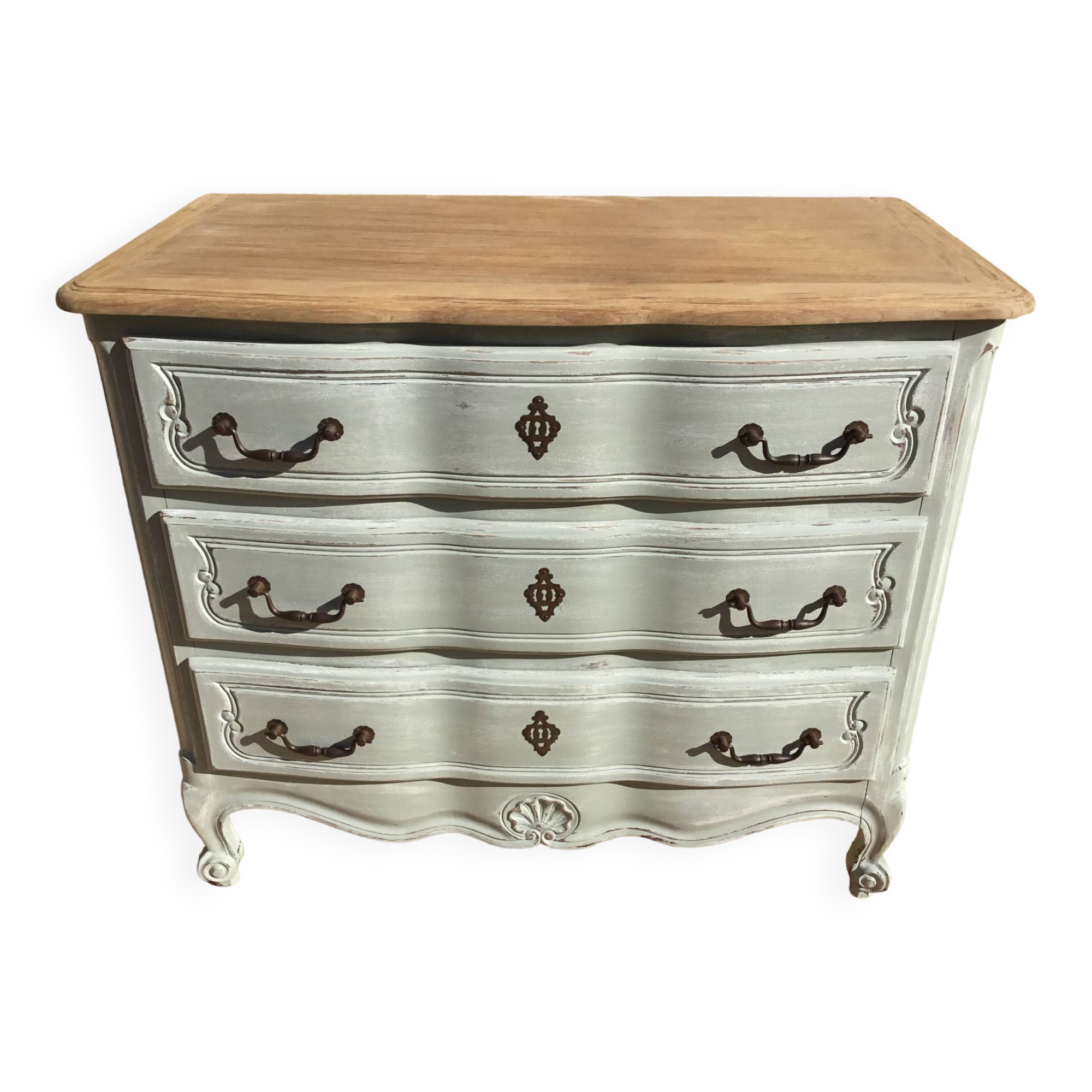 Louis XV style chest of drawers, patinated and waxed, natural wood top