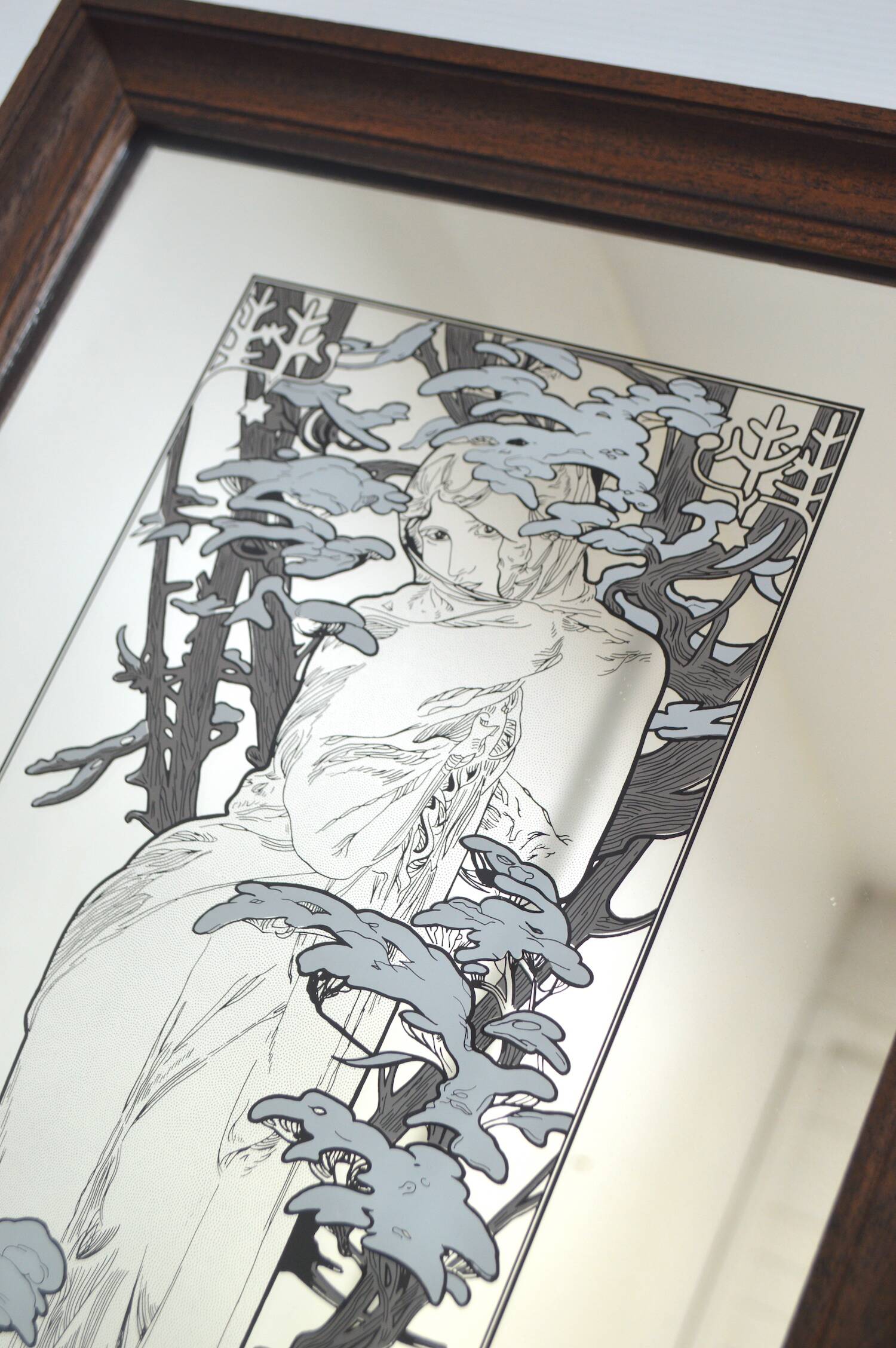 Winter mirror 70s Art Nouveau style after Alfons Mucha