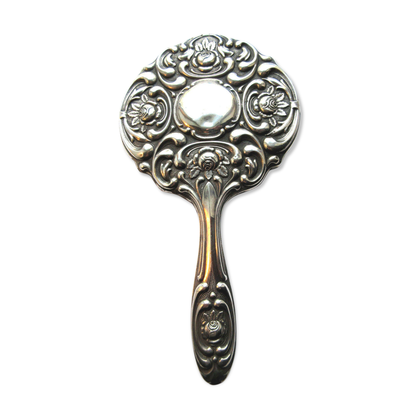 Art Nouveau hand-facing, mirror in repulsed silver frame, rose decoration 14x27cm