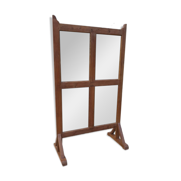Paravent - partition en teck birman ancien / 4 panneaux miroirs recto-verso