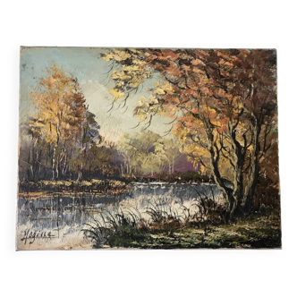 Oil painting on canvas river forest autumnal landscape signed