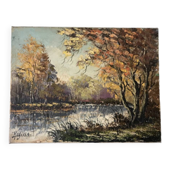 Tableau huile sur toile rivière forêt paysage automnal signé