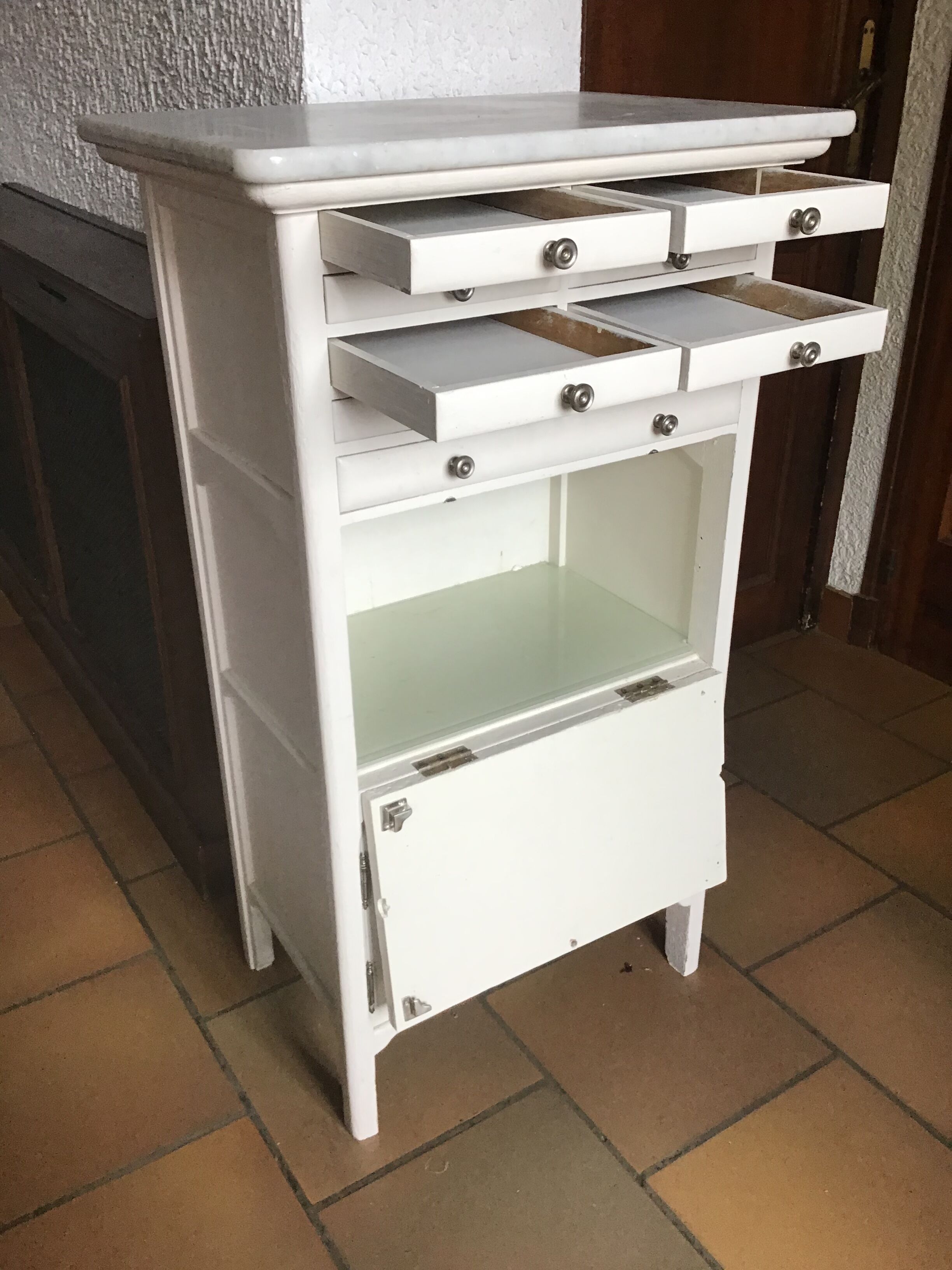 Vintage dentist furniture in wood and marble