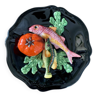 Assiette barbotine décorative murale poissons vintage