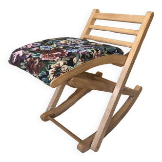 Belle assise vintage / repose pied bois en tissu fleuri