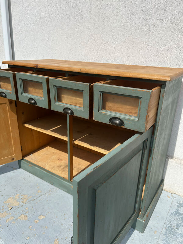 Meuble de comptoir ancien à tiroirs porte-étiquettes – patine vert-de-