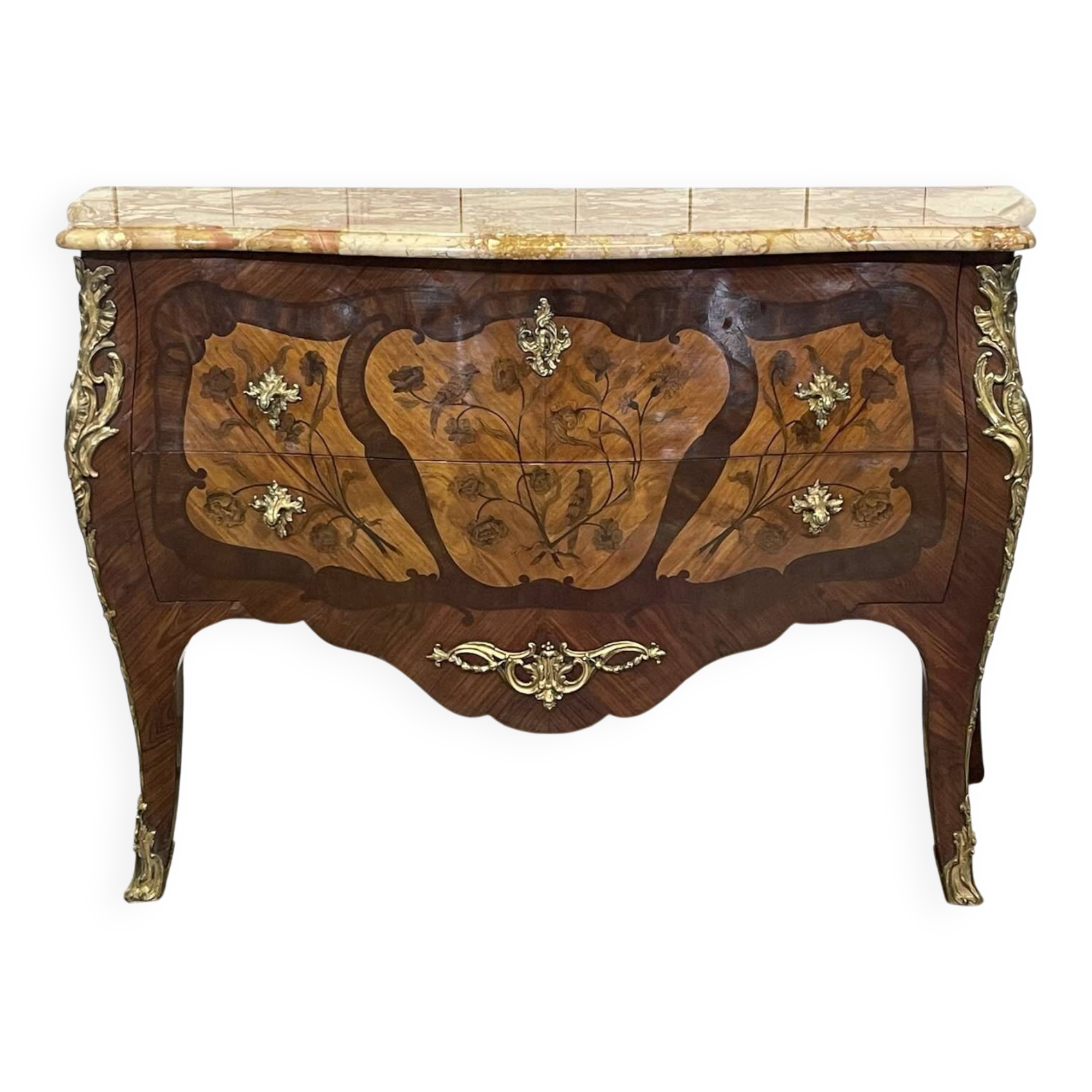 Commode de style Louis XV en bois de rose, chêne et dessus marbre