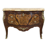 Commode de style Louis XV en bois de rose, chêne et dessus marbre