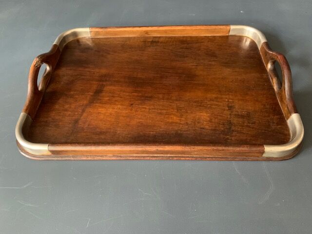 Old tray in wood and brass