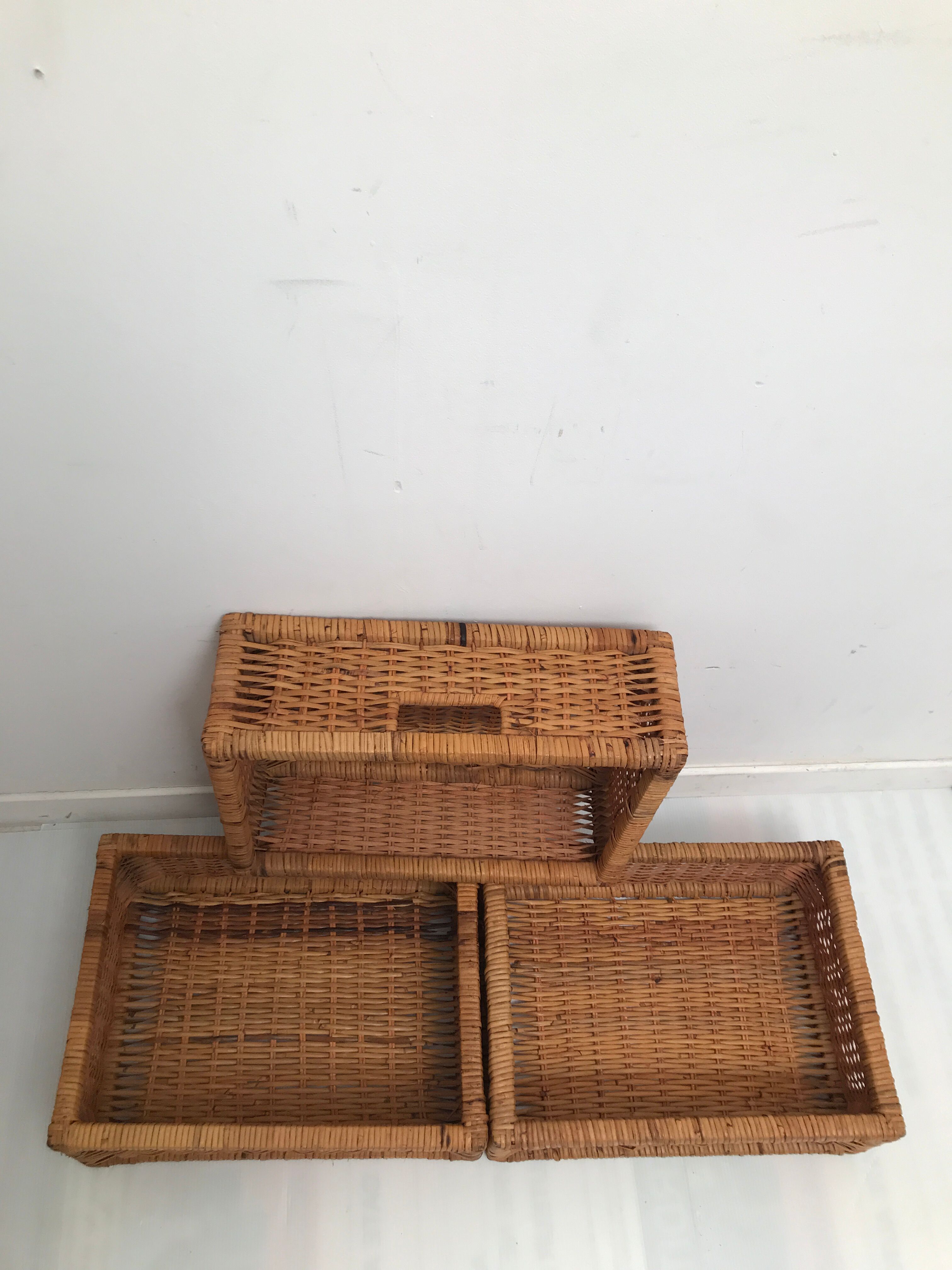 Rattan wicker storage cabinet with 3 vintage drawers