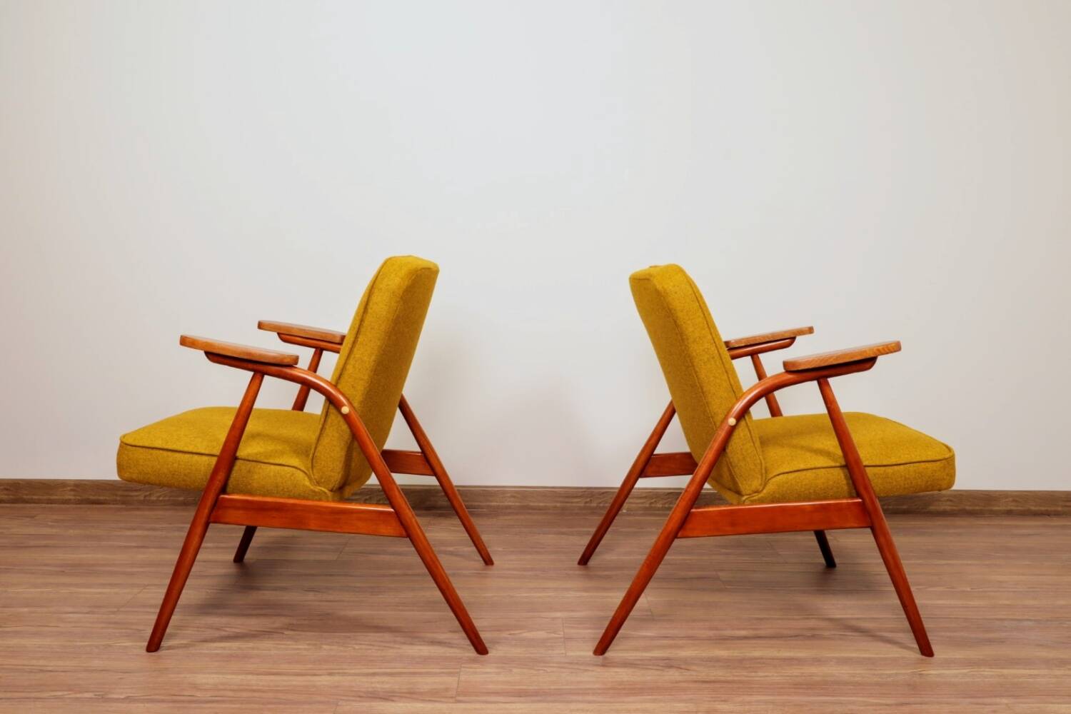 Scandinavian armchair in natural wool, yellow-golden, 1960s.