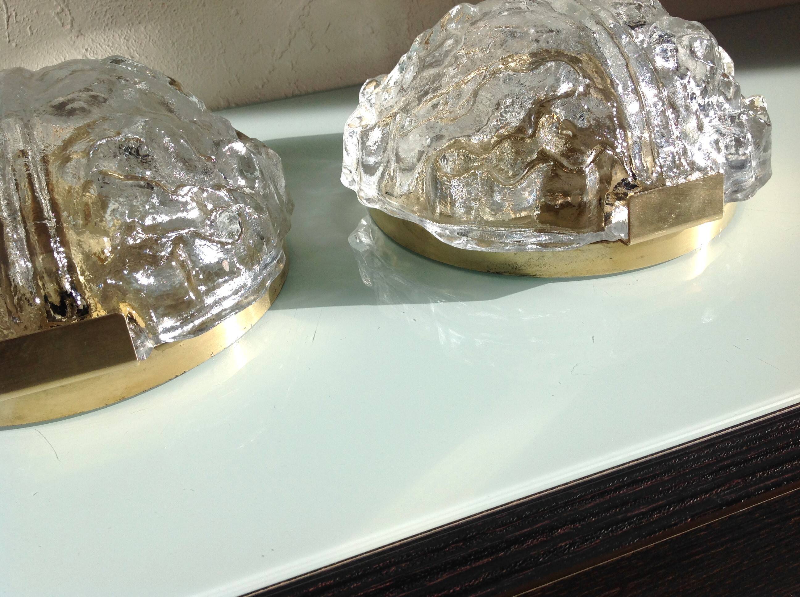 Pair of ice glass and brass wall lights by Limburg / vintage 60s-70s