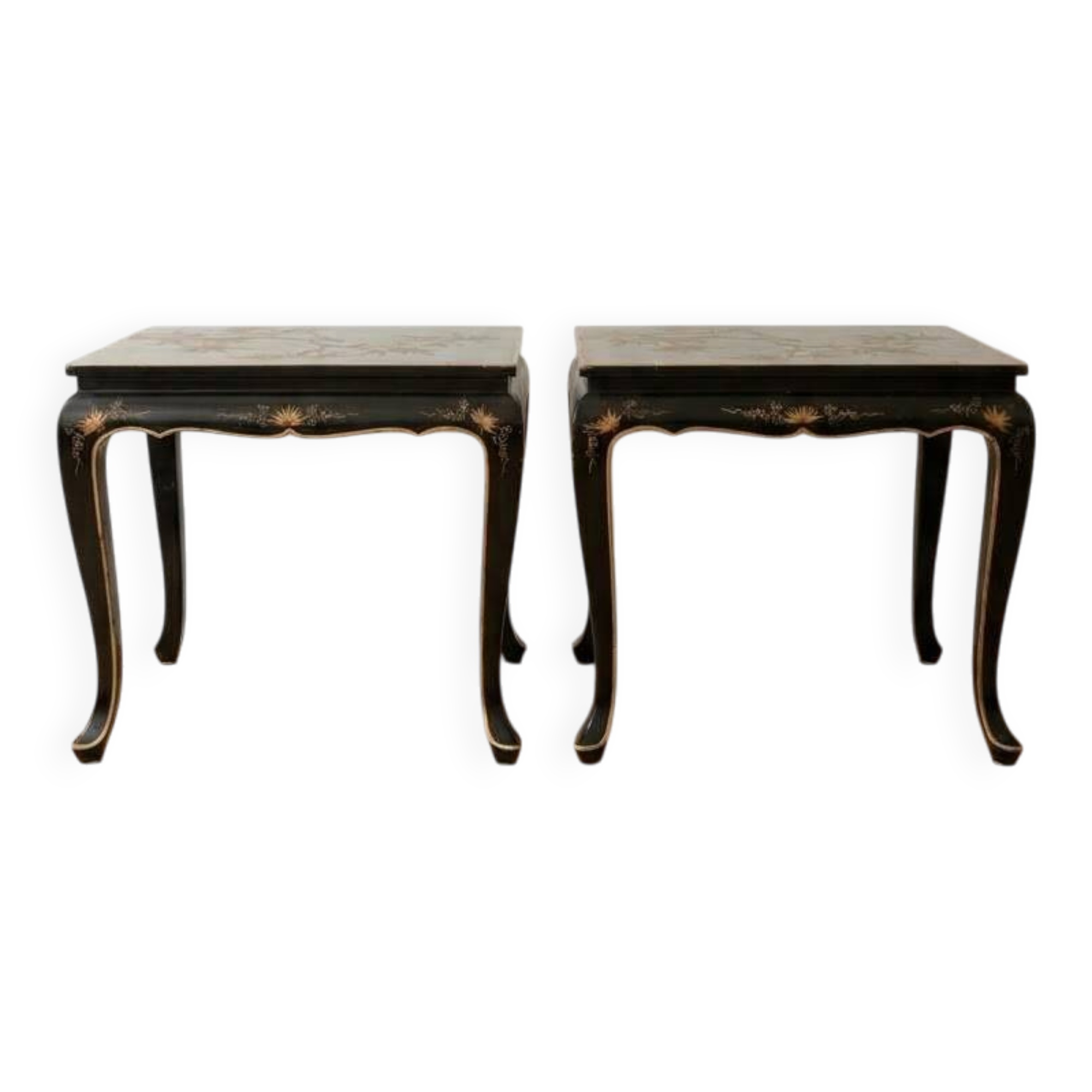Set of 2 Chinese low tables in black lacquered wood with gold decoration.