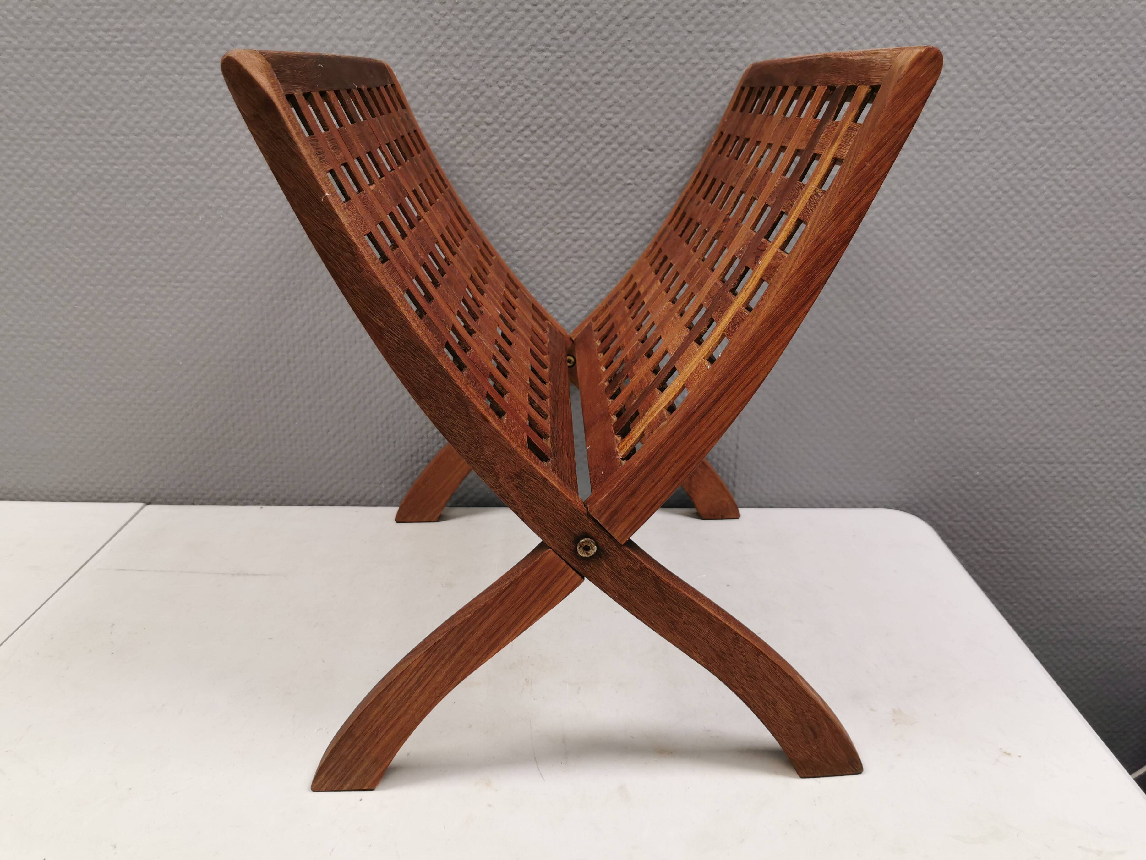 Teak newspaper/magazine rack, Danish, estimated 1970s–80s.