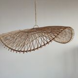 Rattan suspension or lighting fixture in the shape of an undulating circular tray with lattices