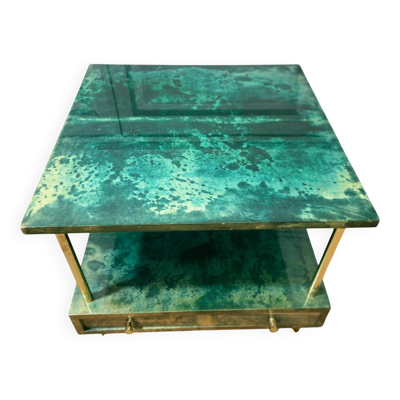 Table d'appoint Aldo Tura en vert aqua avec pieds en laiton et tiroir inférieur