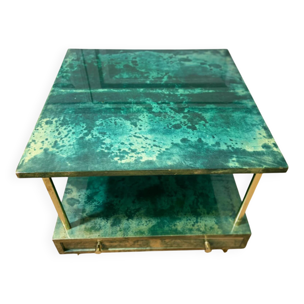 Table d'appoint Aldo Tura en vert aqua avec pieds en laiton et tiroir inférieur