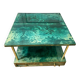 Aldo Tura side table in aqua green with brass legs and lower drawer.