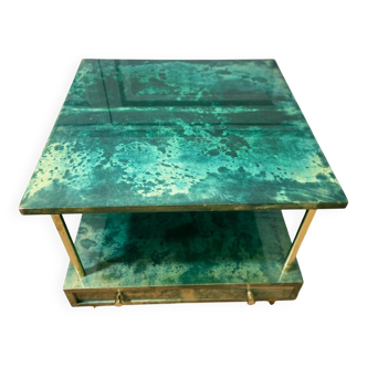 Aldo Tura side table in aqua green with brass legs and lower drawer.