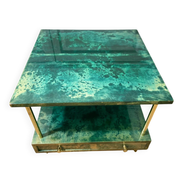 Table d'appoint Aldo Tura en vert aqua avec pieds en laiton et tiroir inférieur
