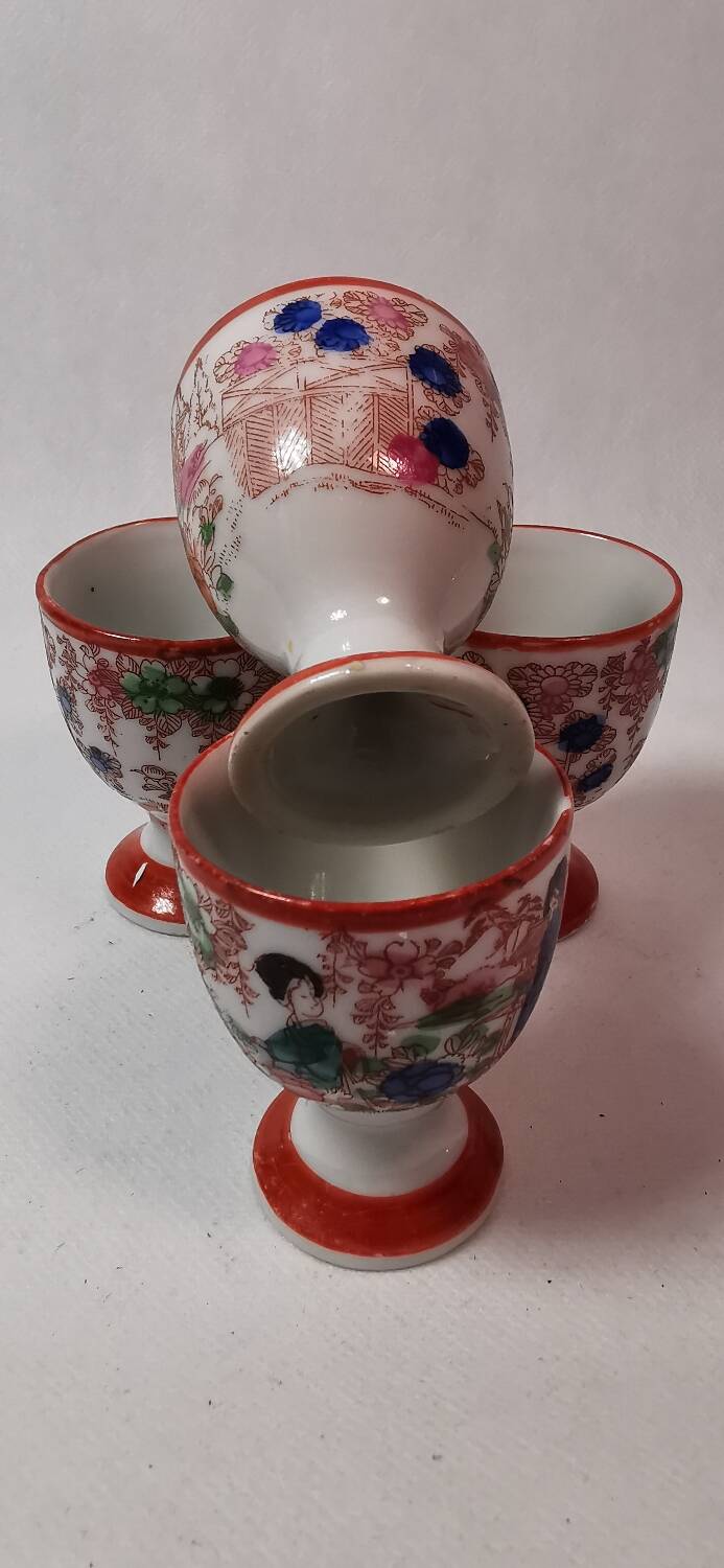 Rare 4 Antique Egg Holders / Egg Cups, Japanese, hand-painted porcelain