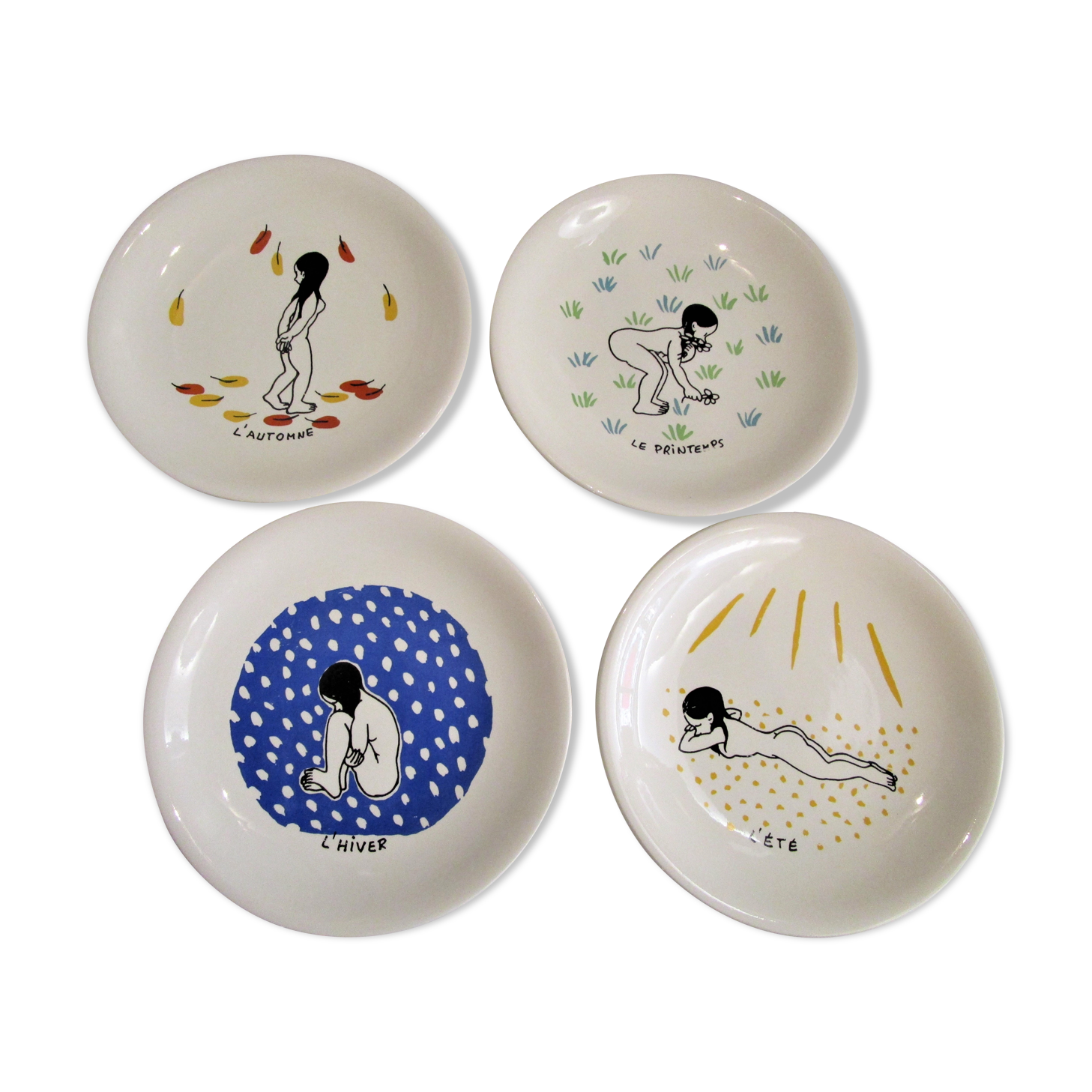 Four plates The 4 seasons by Jean Effel earthenware Salins 60s