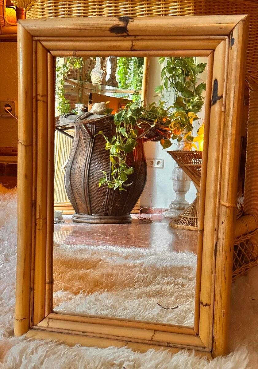 Vintage Spanish mirror in natural bamboo, 1950.