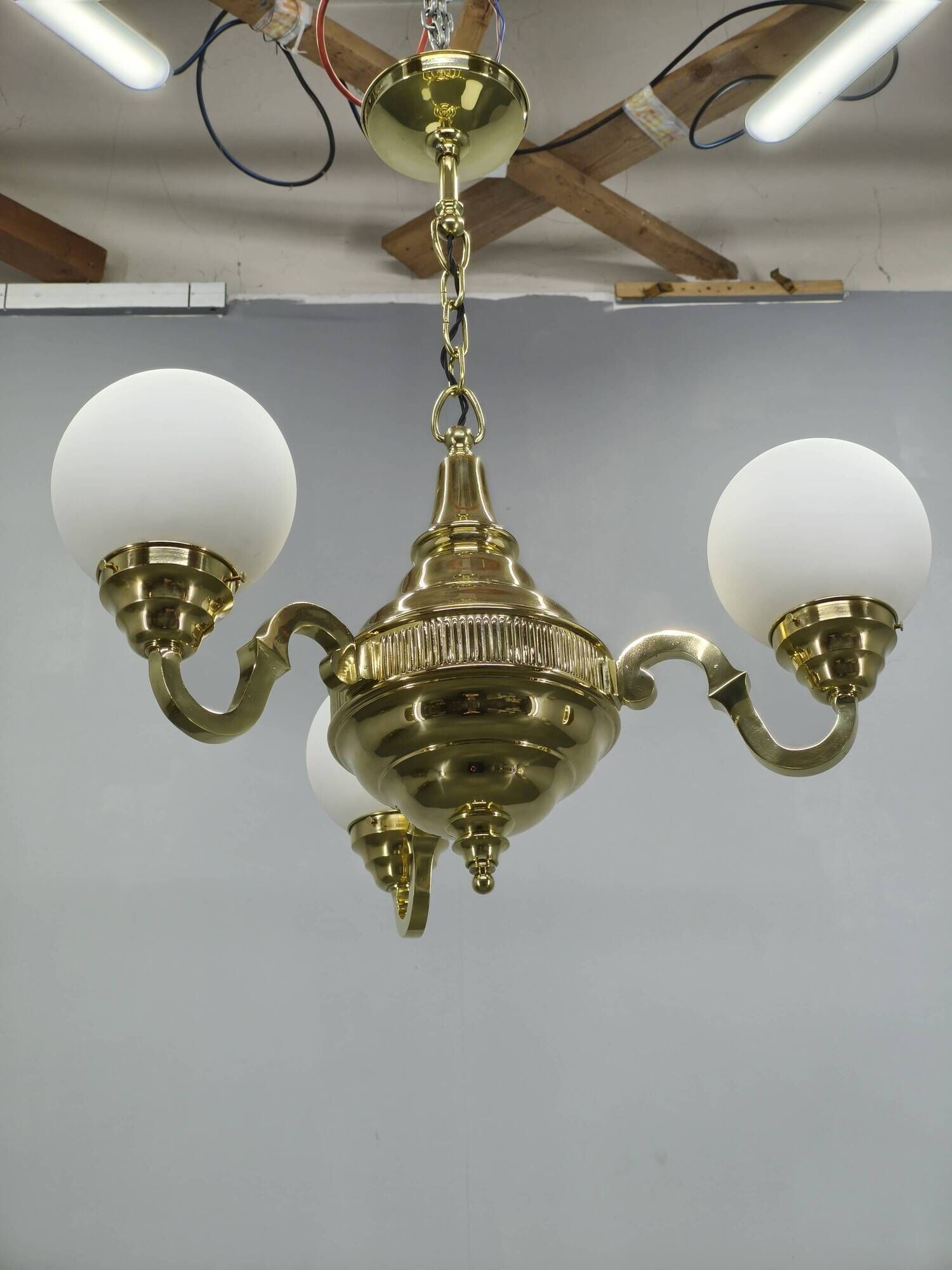 1930s Czech Neo-Baroque Brass Chandelier with Opaline Glass Globes