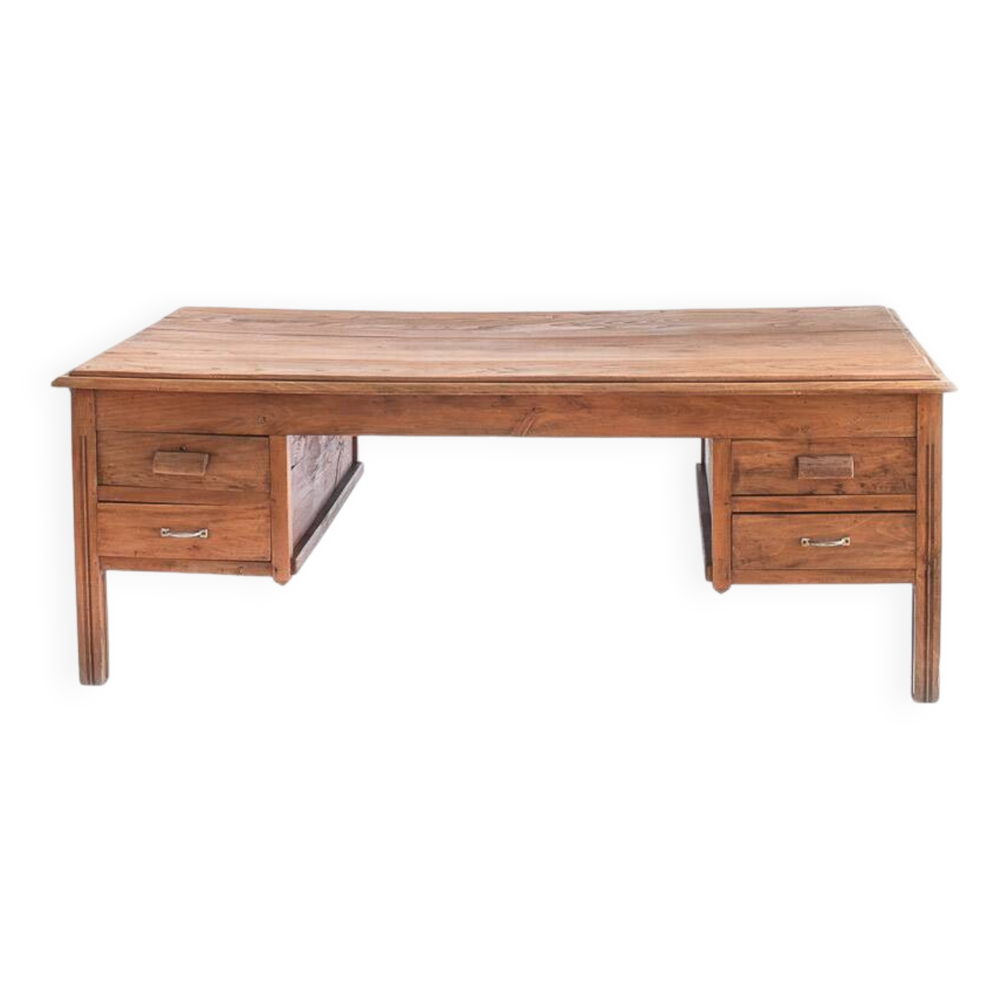 Large vintage two-seater desk. Solid chestnut wood. Restored. France, 1940s