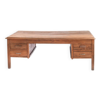 Large vintage two-seater desk. Solid chestnut wood. Restored. France, 1940s