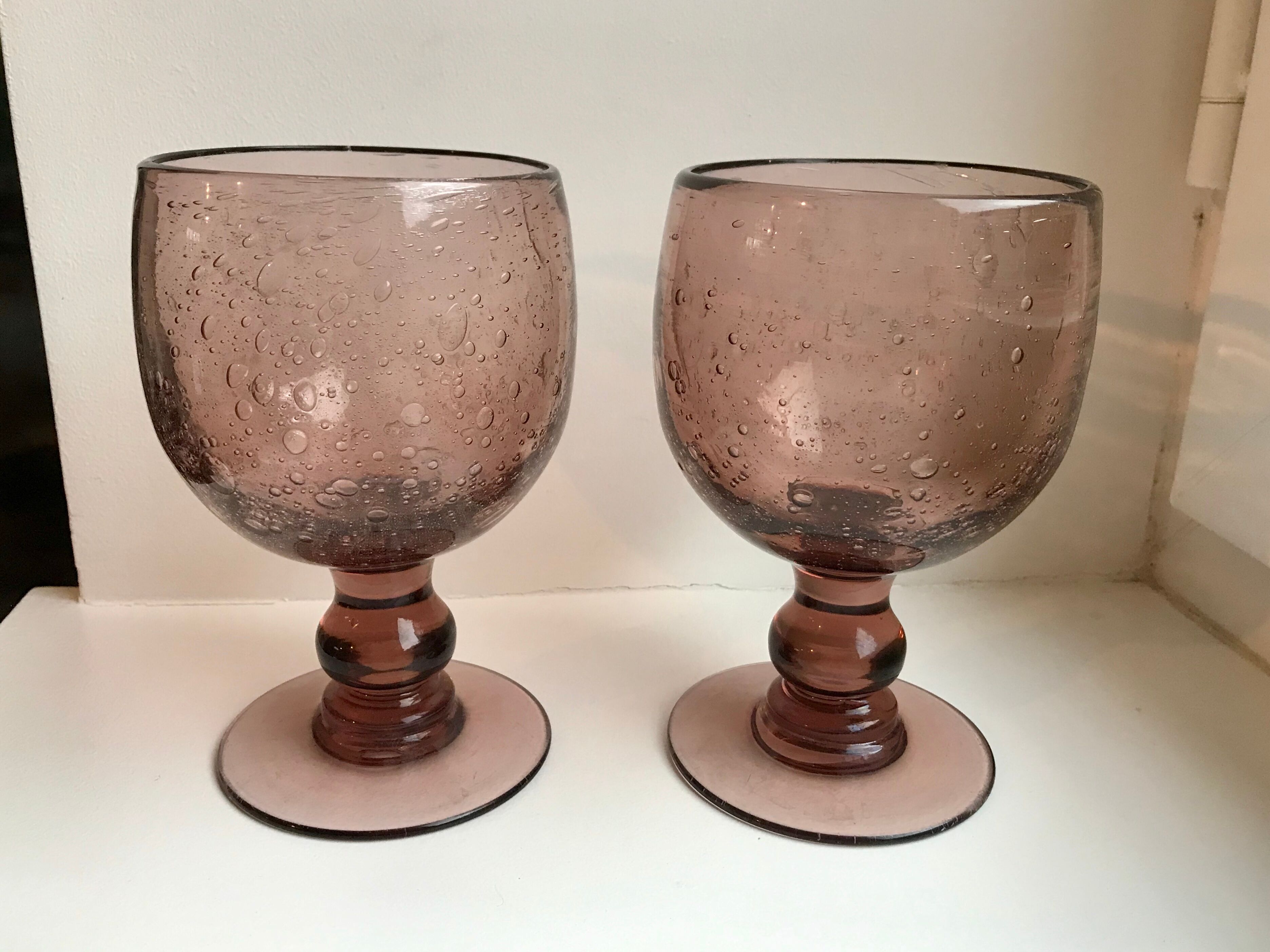 Set of 4 glasses with bubbled glass stems from biot violets 70s