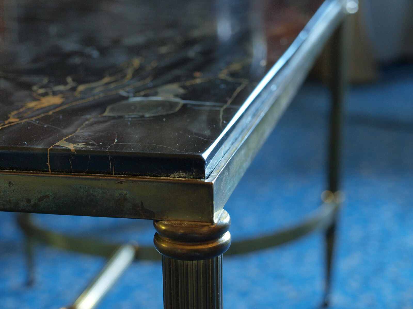 Table low neo classic bronze brass and Portoro marble