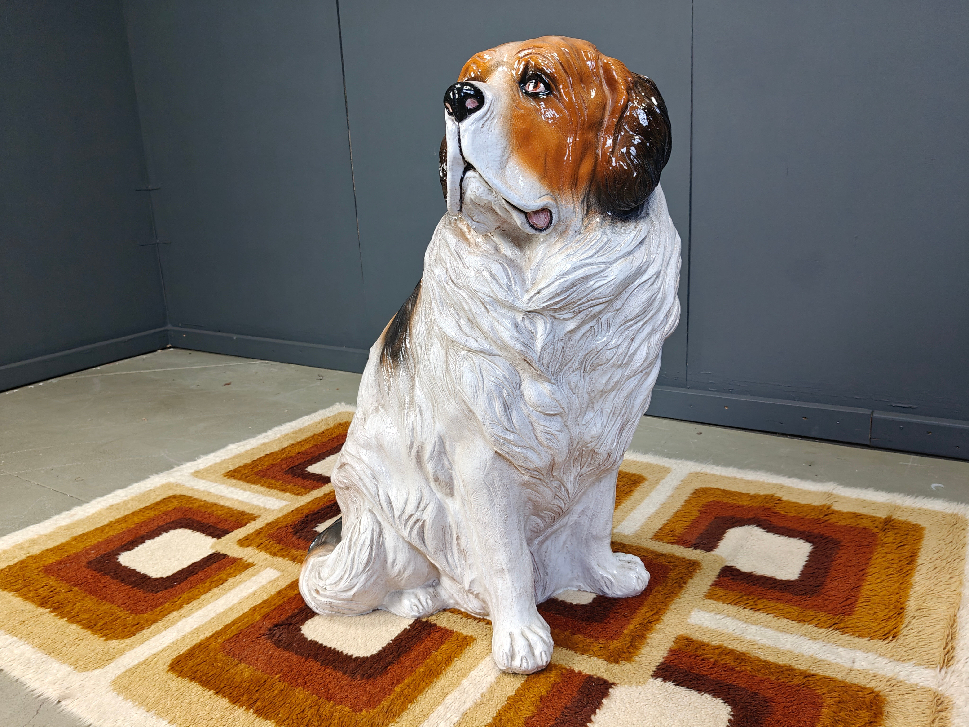 Life sized vintage glazed terracotta St Bernard dog sculpture, 1960s