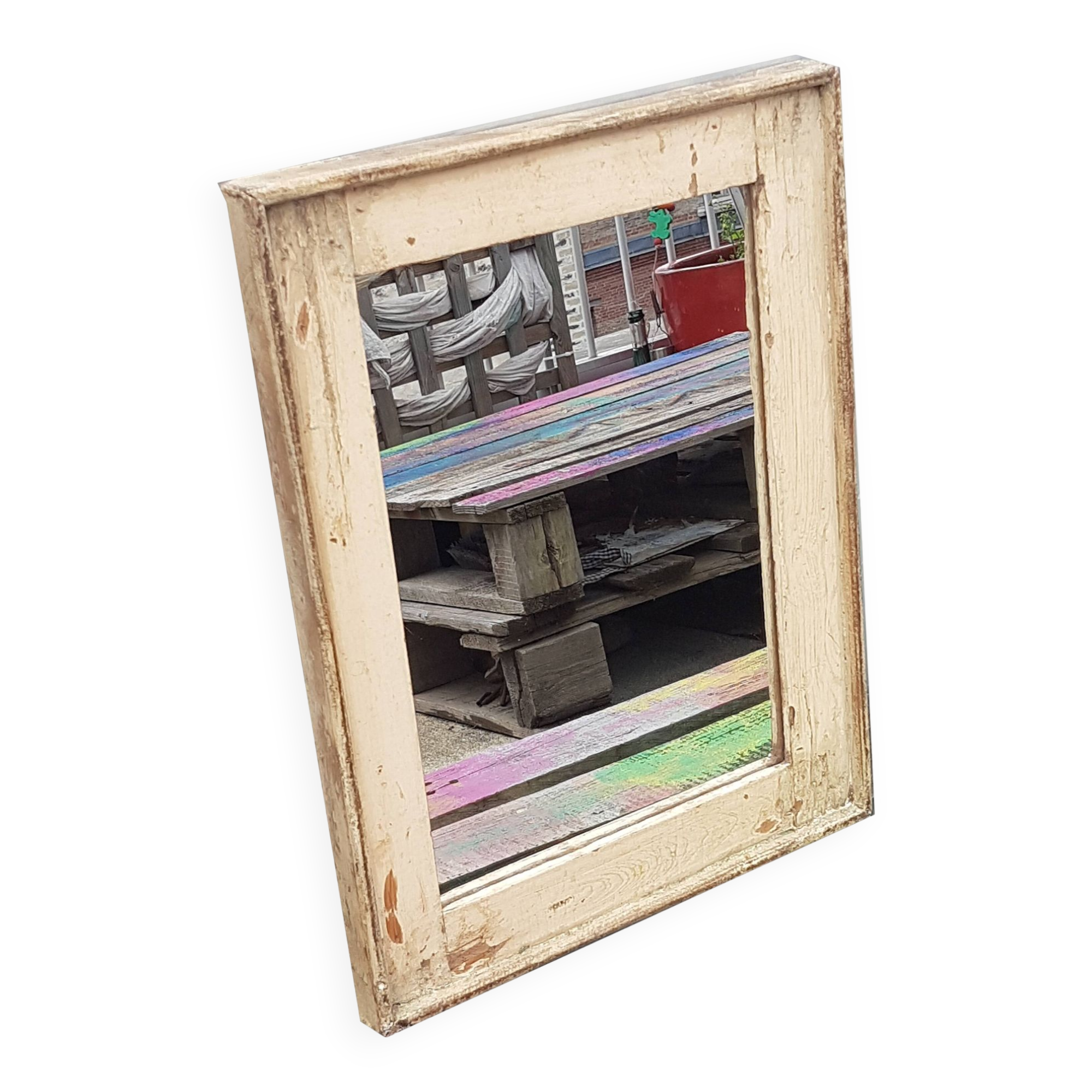 Off-White Mirror Old Teak Wood Patina