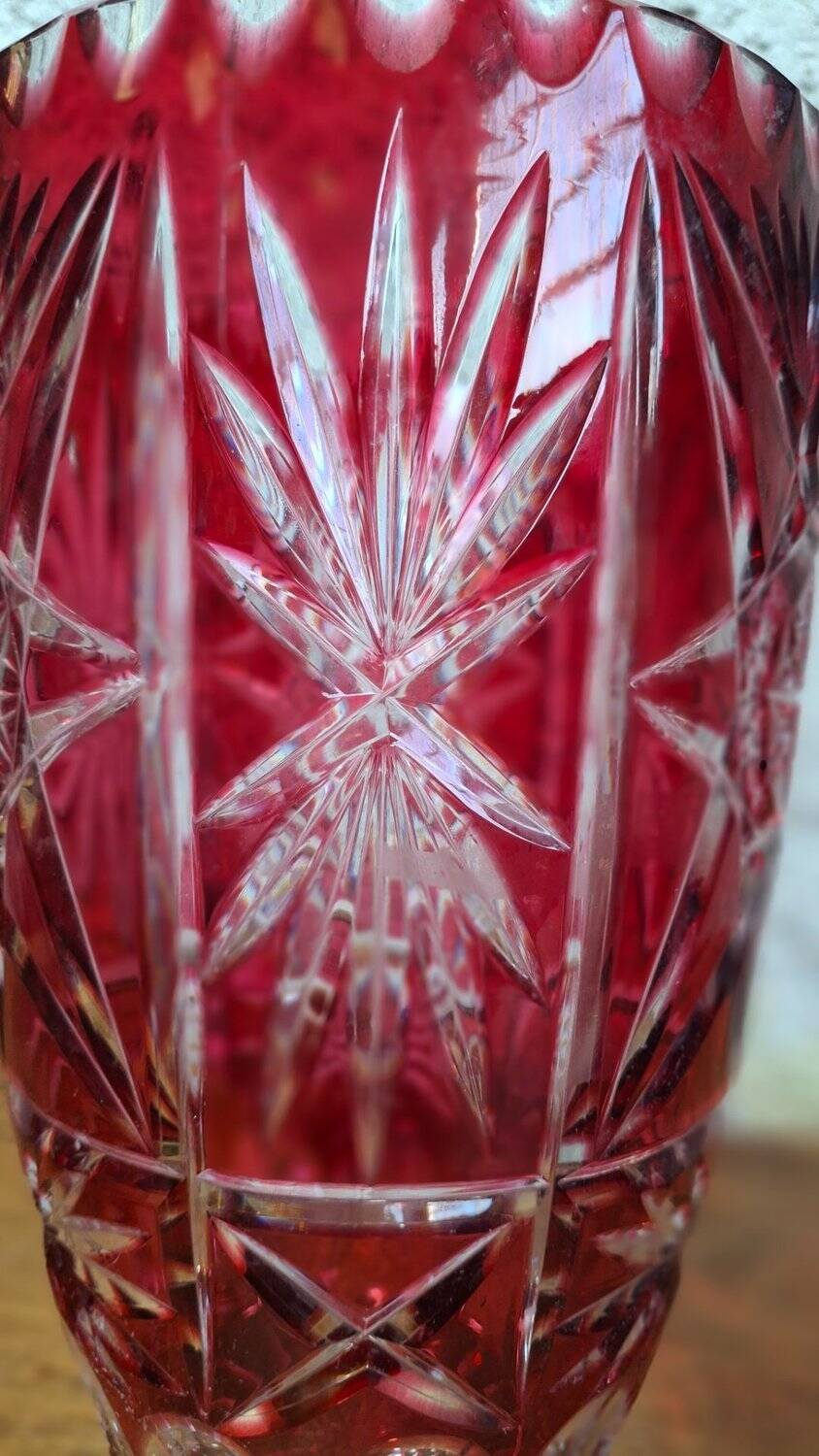 Large ruby red cut crystal vase – Central Europe 1950s