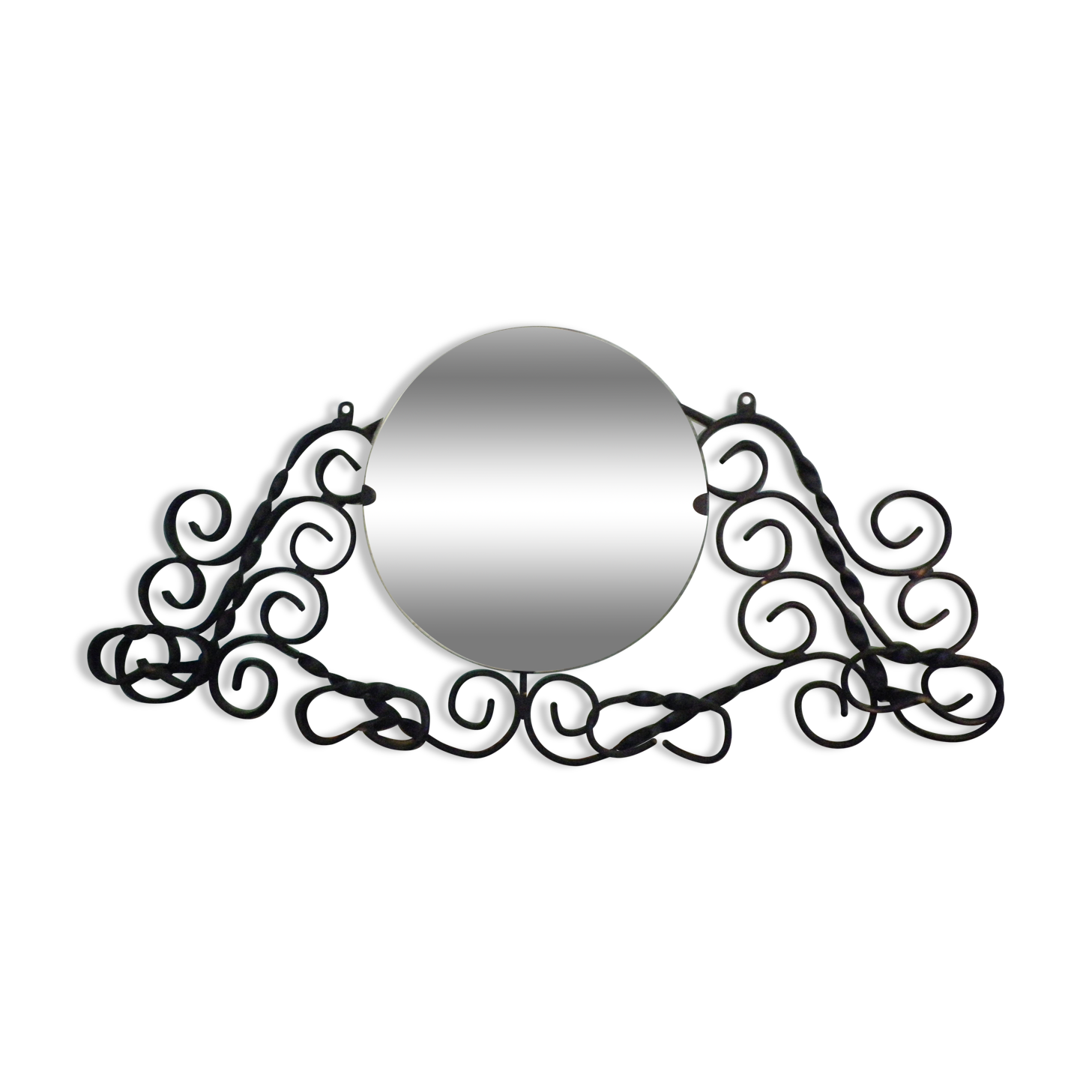 Vintage wall coat rack with mirror, 4 hooks, wrought iron